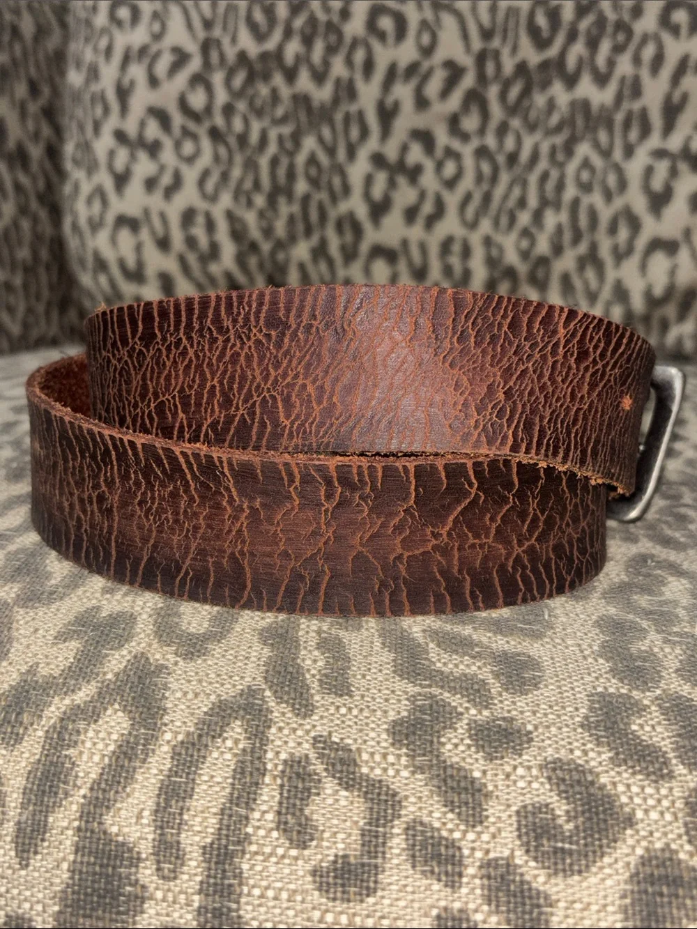 Distressed textured thick leather belt lived in grunge dark brown silver buckle